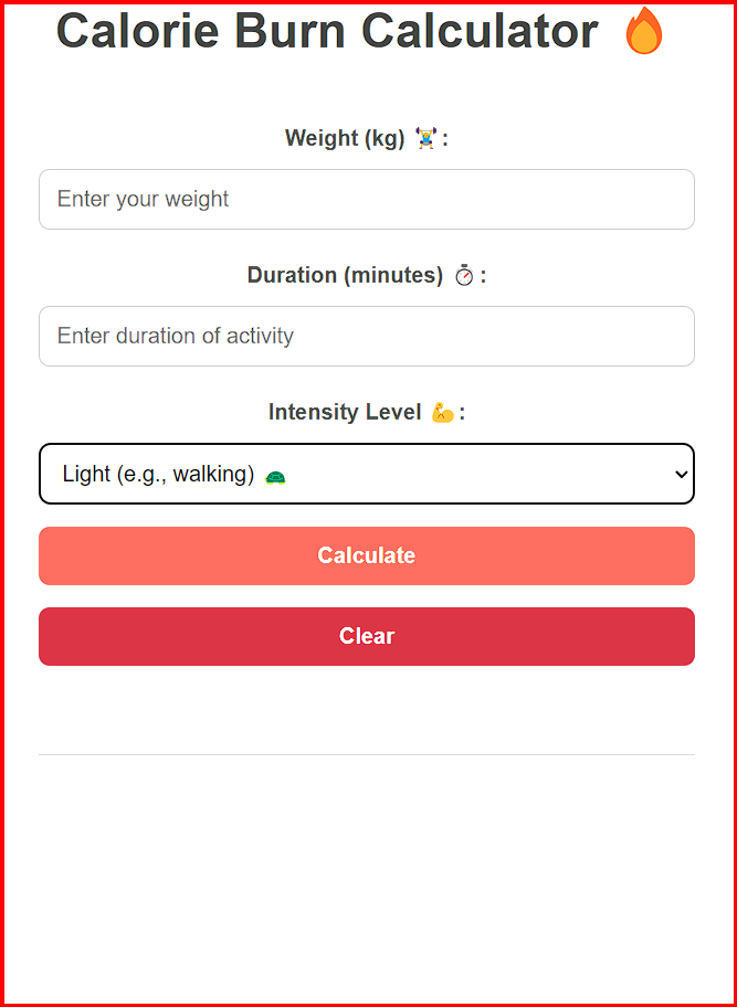 HTML CSS AND JAVASCRIPT CODE FOR CALORIE BURN CALCULATOR